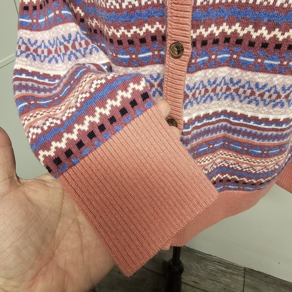 L.L. Bean Cashmere Blend Button Down Cardigan Sweater Fair Isle Pastel Blue - Picture 3 of 9